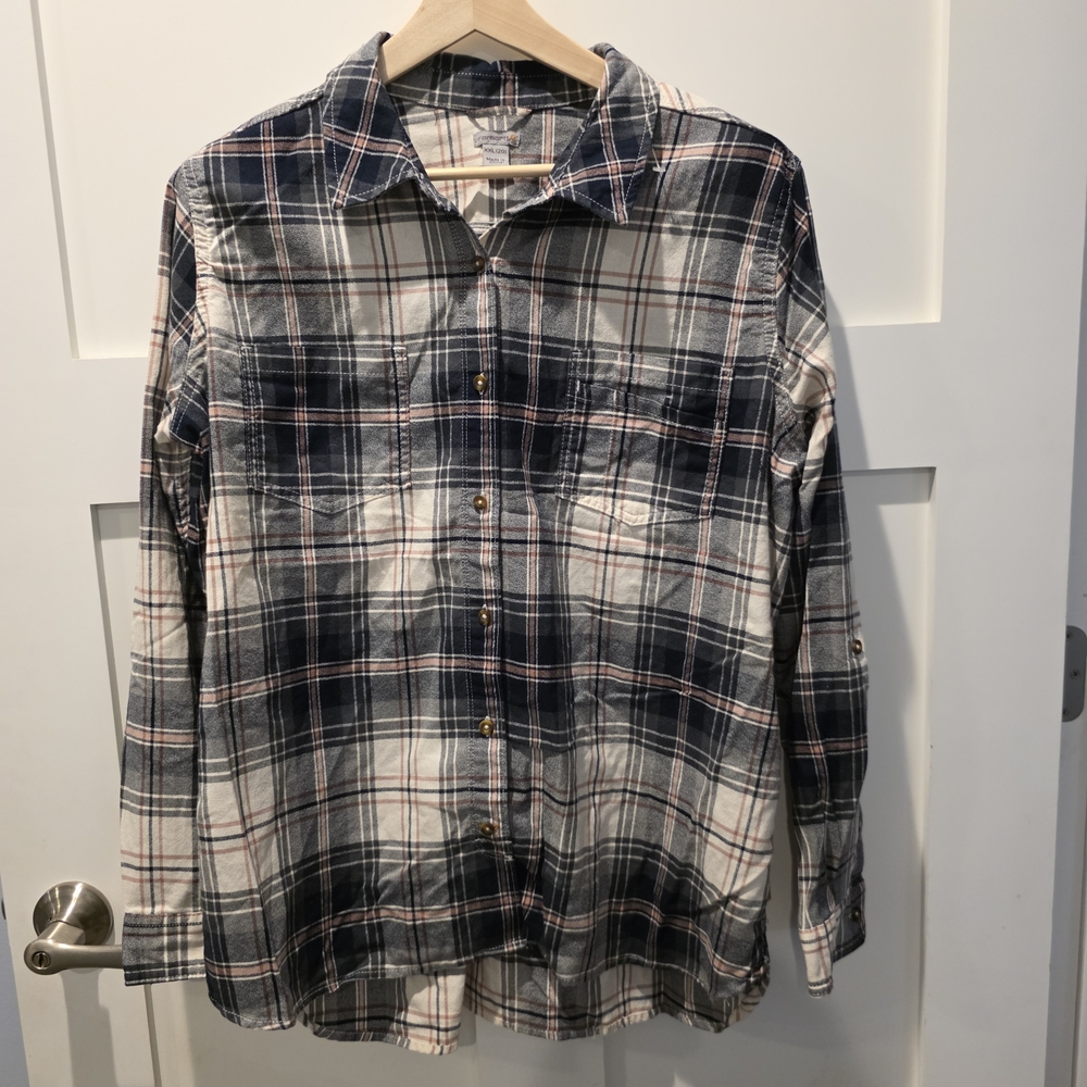 Carhartt Women's Plaid Shirt Pink Navy Cream Button Up Size XXL 20 Long Sleeve